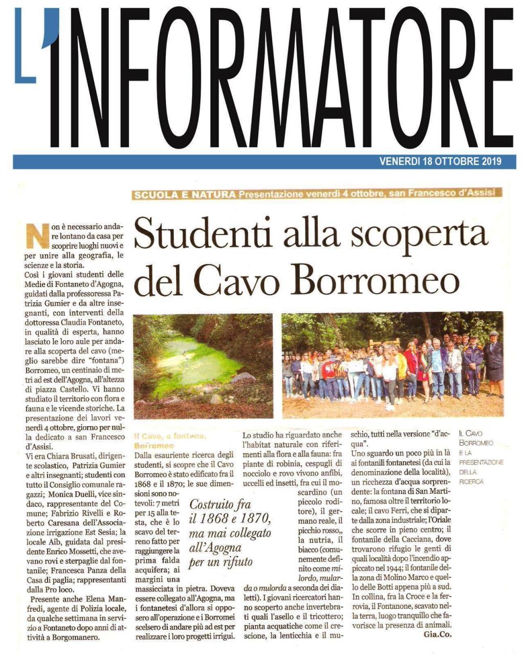 INFORMATORE: Fontaneto d’Agogna– Studenti delle Medie alla scoperta del Cavo Borromeo